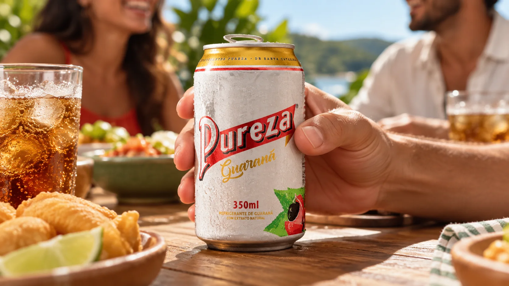 Mão segurando uma lata de Guaraná Pureza 350 ml gelada em um almoço ao ar livre