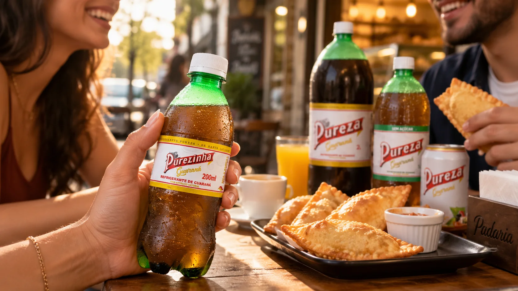Purezinha Guaraná 200 ml, Pureza 2 L, Sem Açúcar e lata na mesa de uma padaria com pastéis