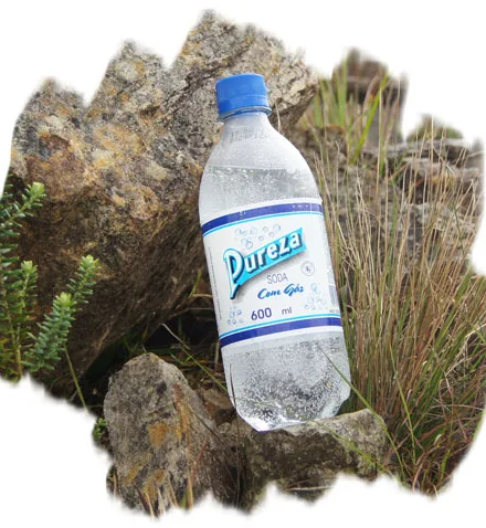 Água com gás Pureza em garrafa PET de 600 ml entre pedras
